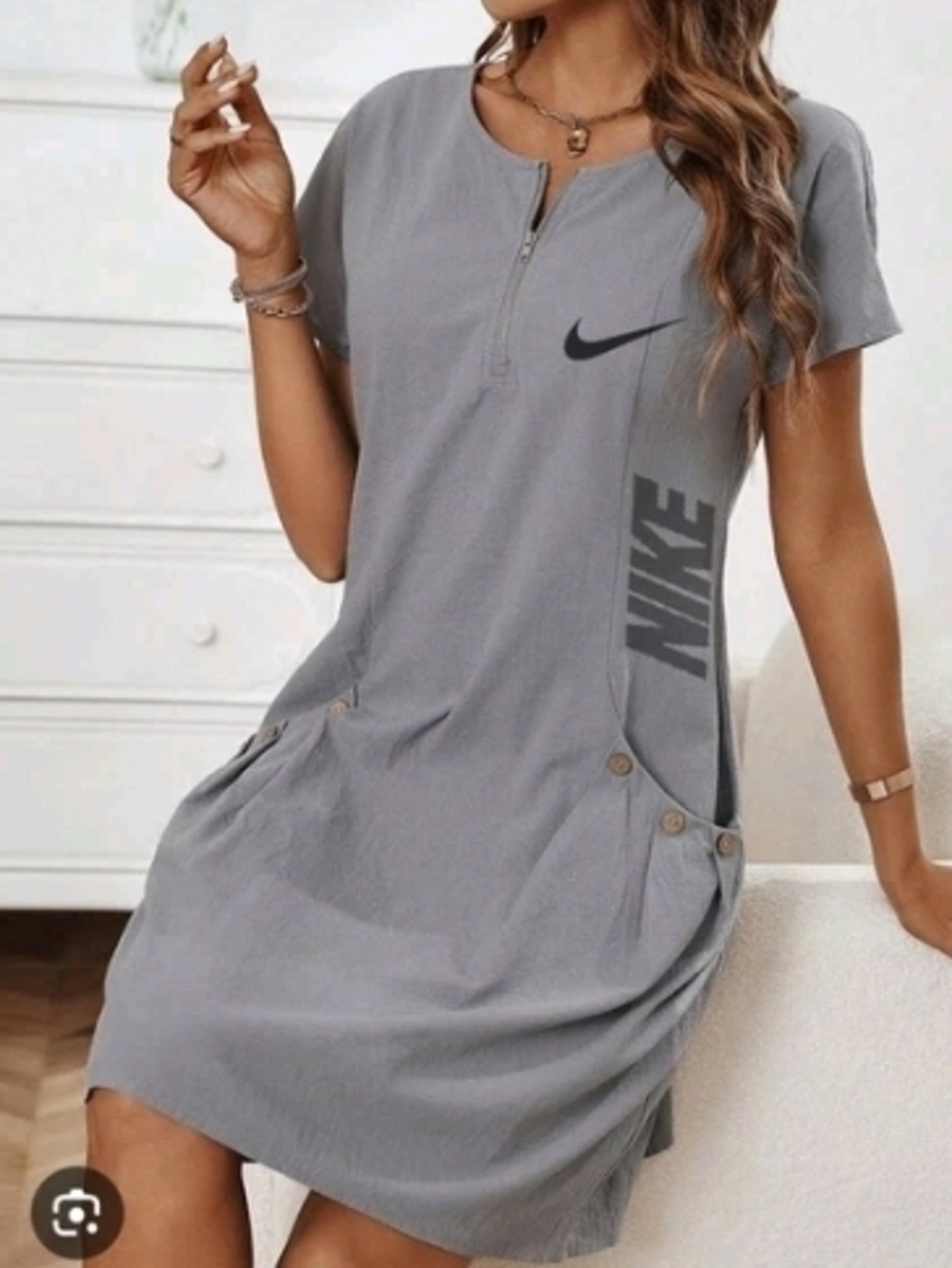Rare 2000s–2010s Nike Sportswear Gray Tunic Dress Coconut Buttons Y2K sz6